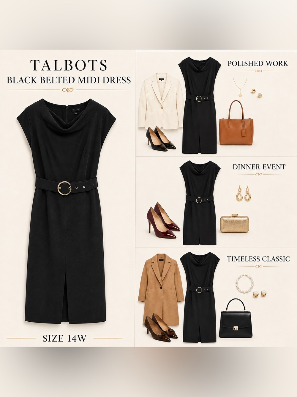 Talbots Black Cowl Neck Belted Midi Dress Gold Buckle Size 14W